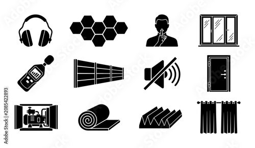 Photos Soundproofing Icons Set, Acoustic Insulation Vector Graphics, Noise Reduction El