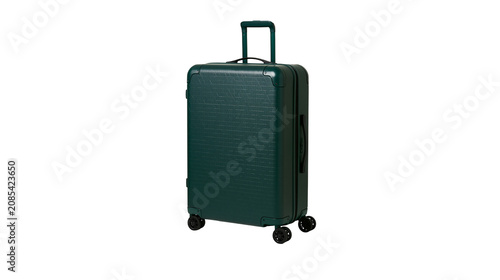 Foto Dark green textured rolling suitcase with telescopic handle