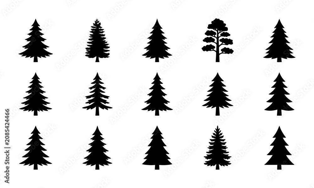 Fototapeta premium Coniferous Tree Silhouettes Collection, Evergreen Forest Icons Set, Pine Fir Spruce Vector Graphics for Nature Design