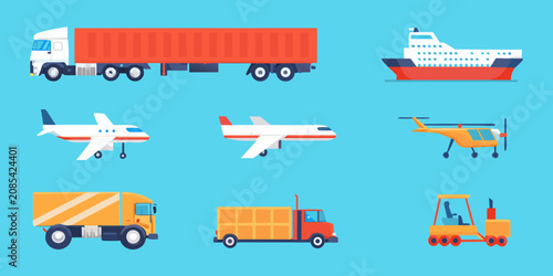 Foto Flat Design Transportation Trucks Ships Airplanes And Helicopters