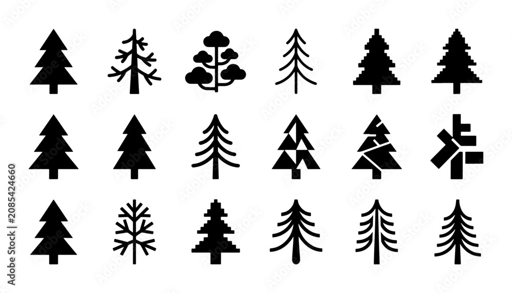 Obraz premium Diverse Pine Tree Icons, Evergreen Forest Silhouettes, Winter Woodland Vector Set, Nature Elements Collection