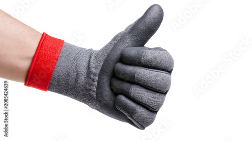 Hand wearing grey work glove with red cuff giving thumbs up