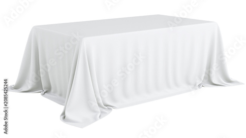 Fotografía Rectangular table covered with white tablecloth draped elegantly