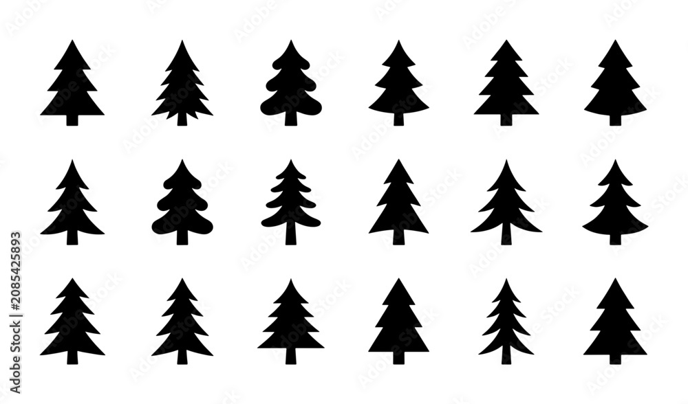 Obraz premium Set of 15 Black Christmas Tree Icons, Simple Evergreen Forest Silhouettes, Winter Holiday Vector Graphics for Seasonal Design