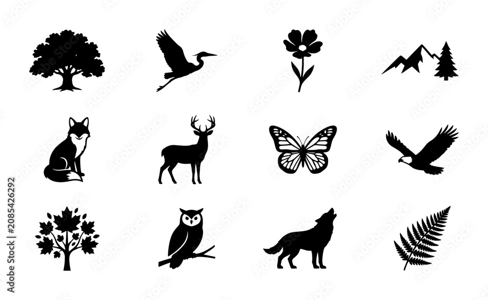 Fototapeta premium Nature Silhouette Icons Set: Wildlife, Flora, Mountains, Trees, and Landscapes for Eco-Friendly Designs