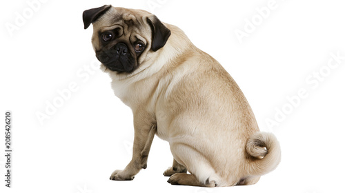 Obraz na płótnie Fawn pug dog sitting, looking sideways with curled tail