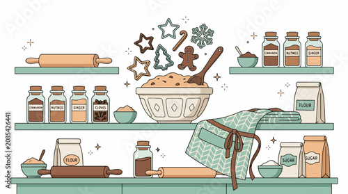 Baking ingredients and tools on kitchen shelves.