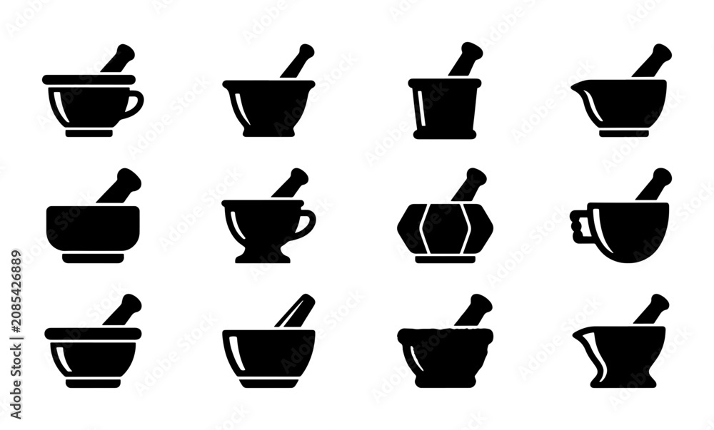 Fototapeta premium Mortar and Pestle Icon Set, 12 Vector Elements for Pharmacy, Cooking, and Science Graphics, Black and White Kitchen Tools Collection