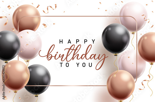 Elegant happy birthday greeting card with rose gold, black and blush balloons on a festive background