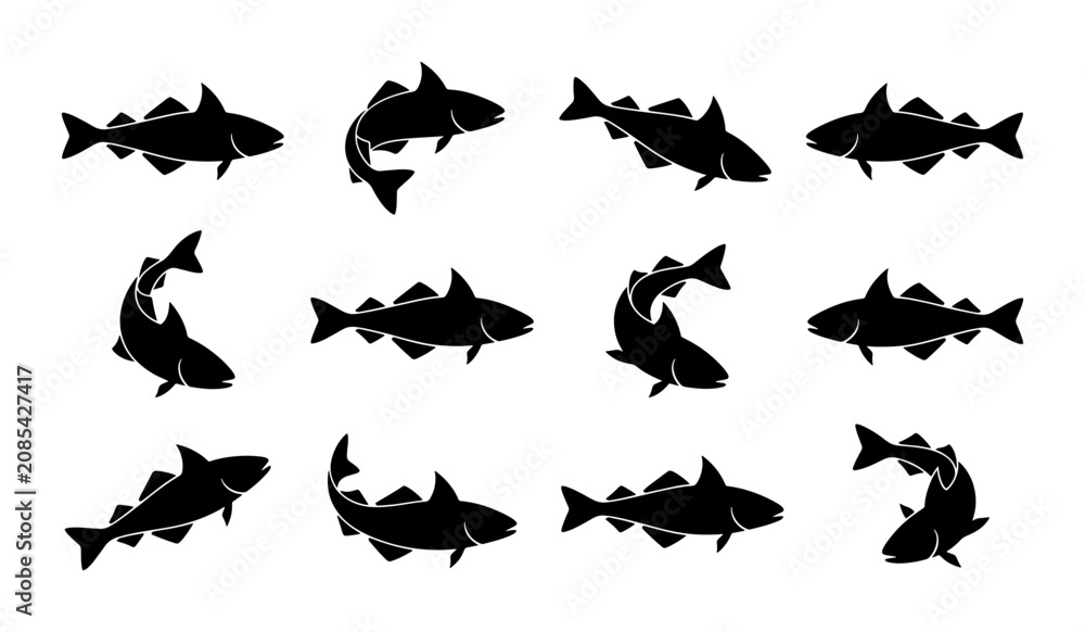 Fototapeta premium Cod Fish Silhouette Vector Icons, Marine Life Seafood Collection, Aquatic Animal Graphics, Black and White Underwater Creatures Set
