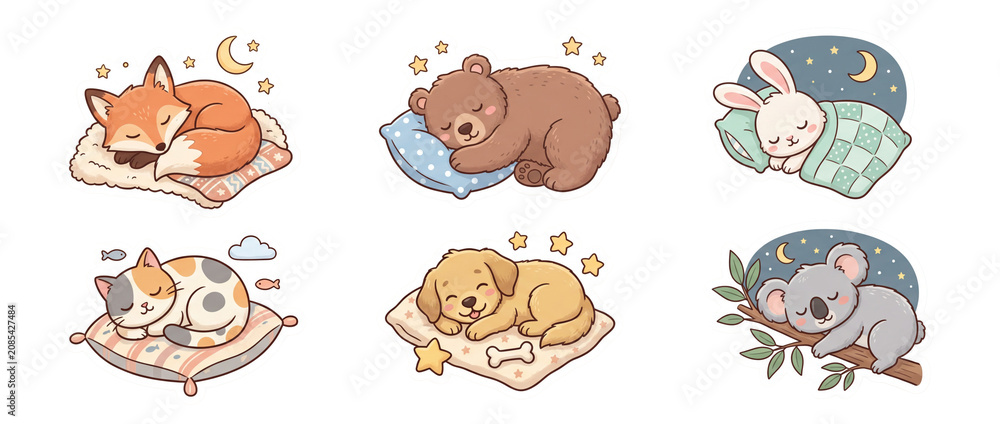Fototapeta premium Cartoon animals sleeping on pillows and blankets under stars and moon on a clear background