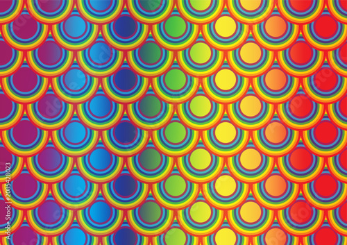 Colorful Rainbow Geometric Seamless Pattern featuring layered rainbow circles in a repeating geometric design Background for Pride and Diversity