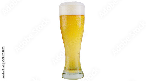 Pilsner glass filled with golden beer and white foam