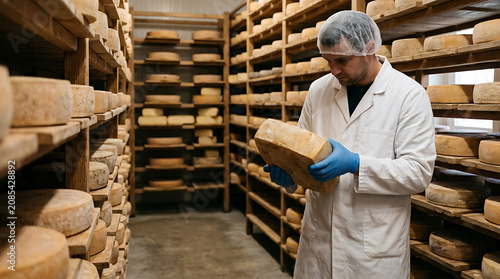 Professional cheesemaker inspecting aging cheese wheel in traditional dairy cellar storage facility maturation