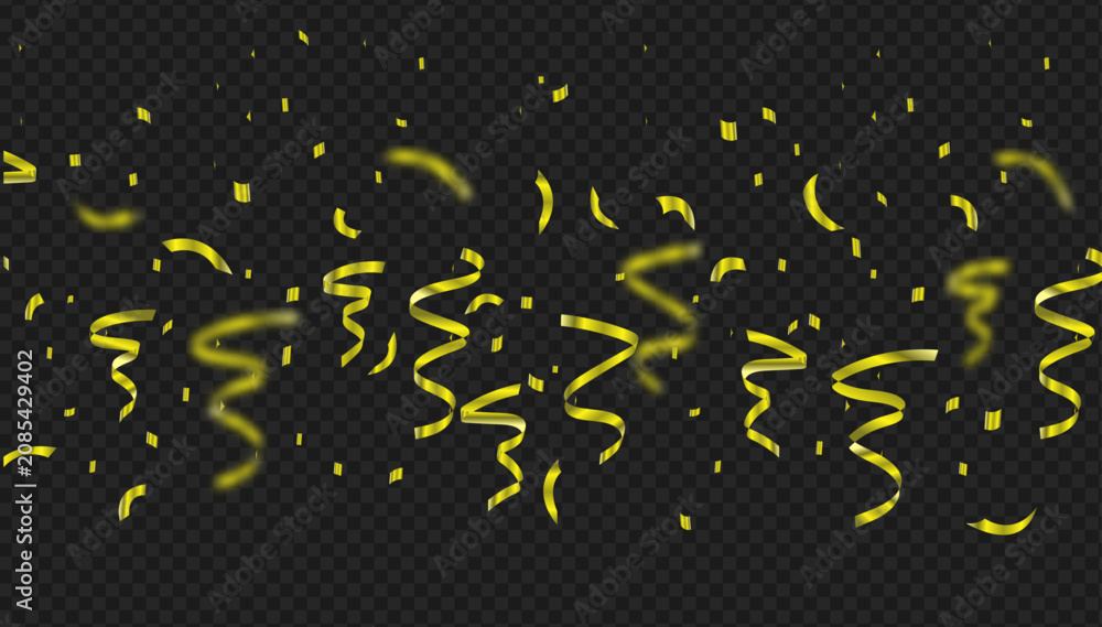 Naklejka premium Dynamic golden confetti falling down on a dark transparent background, creating a luxurious and celebratory atmosphere for party events, festive awards, and special occasion graphic designs.