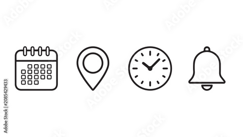 bell,location pin, calender, clock