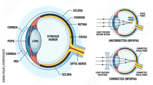 Cuadro en lienzo Human Eye Anatomy and Myopia Correction Diagram