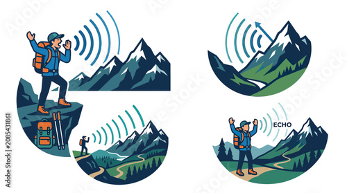 Photos Hiker shouting in mountains, echo and signal transmission concept illustration