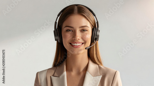 Woman customer service representative wearing headset. Smiling operator working in help desk support. Professional communication employee in office setting. Business telemarketing concept.