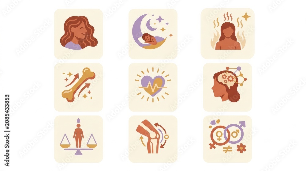 Obraz premium Icons represent various aspects of wellness for women experiencing menopause and perimenopause throughout their midlife journey.