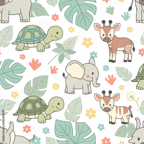 Cute cartoon safari animals and tropical leaves seamless pattern