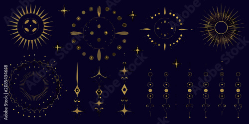Fotografi Moon Phases And Celestial Motifs Golden Vector Illustration On Black