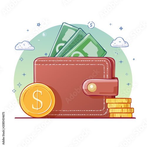 Wallet with cash and coins