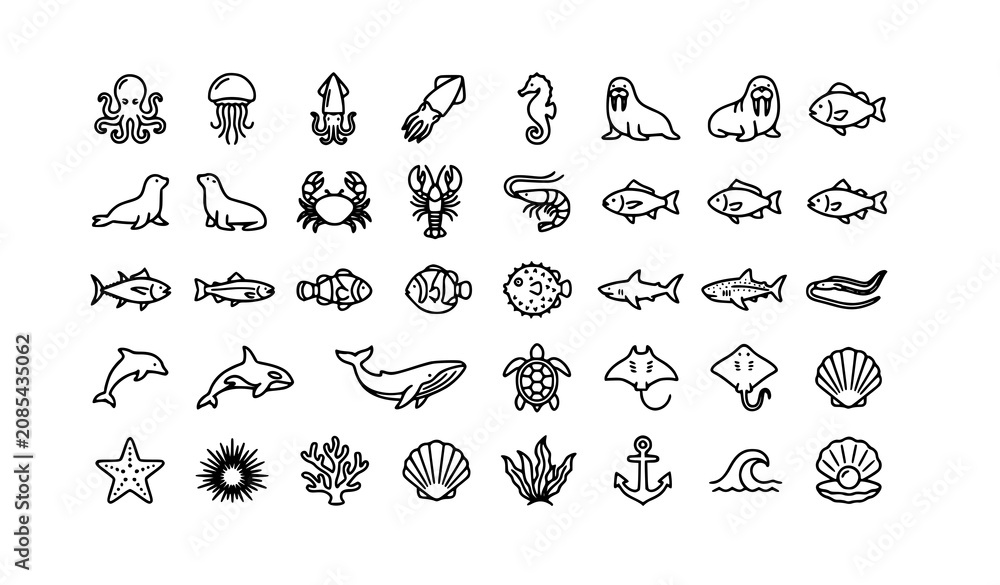 Obraz premium Minimal Marine Wildlife Outline Icons with Ocean Animals Sea Creatures and Editable Vector Collection