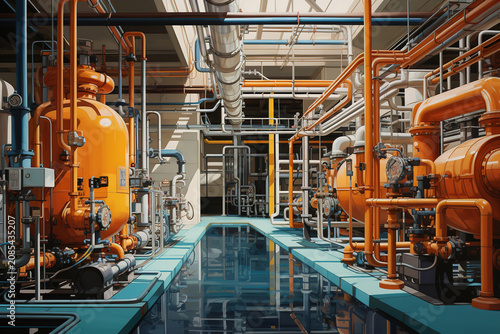 Superb factory with a power plant and green plant in the background