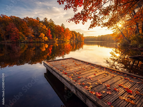 Tableau sur toile Golden hour autumn scene with a wooden pier extending into a calm lake surrounded by colorful forest