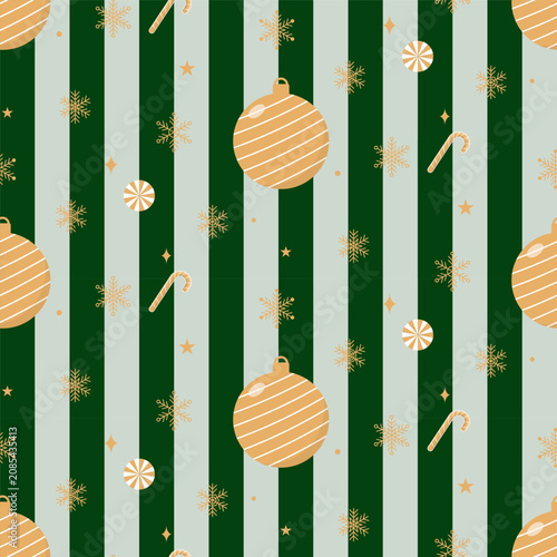 Christmas seamless pattern with Xmas balls, candy canes, lollipops and snowflakes on green stripes.Luxury X'mas new year repeat pattern in gold and green.Vector graphic background wallpaper.