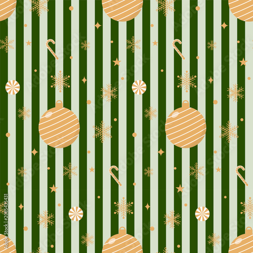 Christmas seamless pattern with Xmas balls, candy canes, and snowflakes on green stripes.Luxury X'mas new year repeat pattern in gold and green.Vector graphic illustration background wallpaper.
