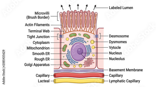 Bild auf Leinwand Diagram of Intestinal Epithelial Cell Structure and Function with Microvilli and