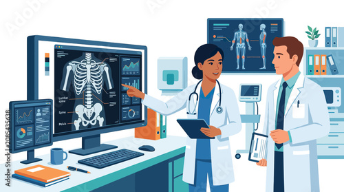 Foto Doctors analyzing X-ray scan on computer screen in medical office