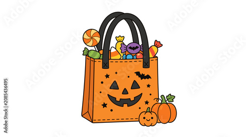 Halloween trick or treat bag full of candy and pumpkins