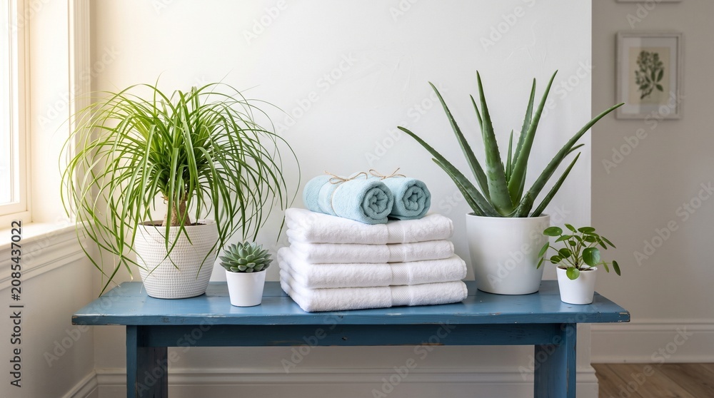 Fototapeta premium Stacked towels, plants on blue table, bathroom decor, home textiles, spa setup