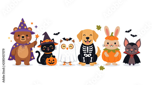 Cute Animals in Halloween Costumes Vector Illustration