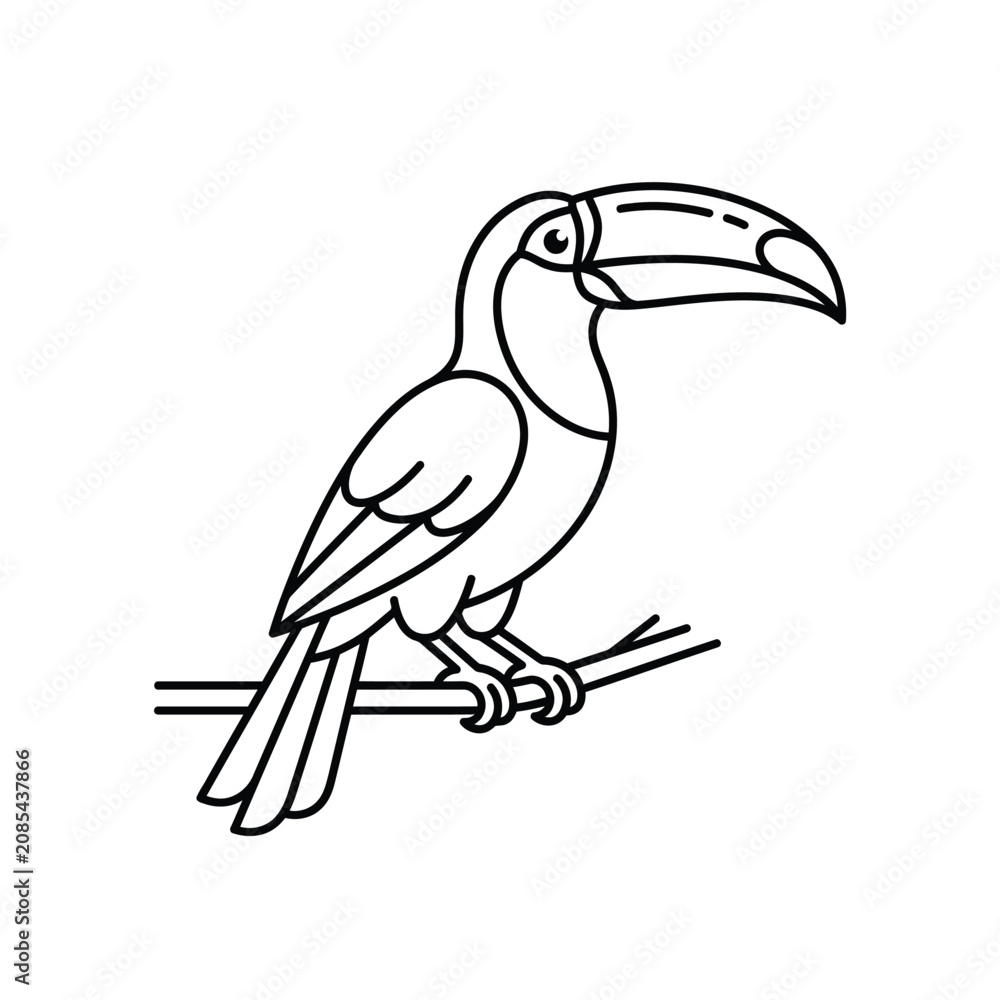 Obraz premium Toucan bird perched on tree branch black linear icon or emblem isolated on transparent background jungle.