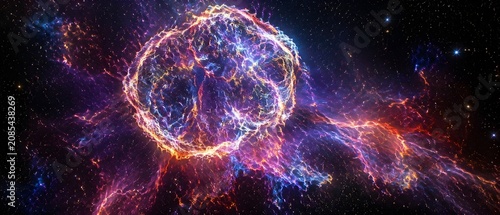 Glowing supernova remnant spreading tendrils of heavy elements through deep space cosmic void nebula background