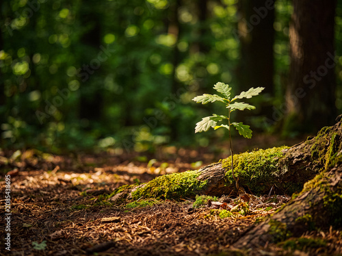 Foto Young oak sapling sprouting from the forest floor beside a mossy tree trunk, symbolizing new beginnings and growth