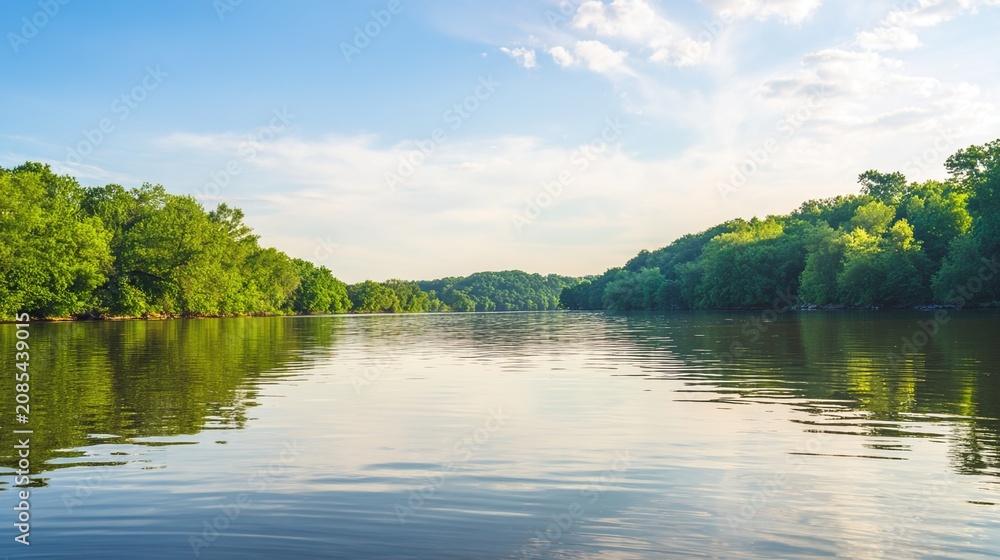 Obraz premium anchorage. A serene natural harbor at a river bend, calm water reflecting the morning sky. travel magazines, destination branding, designed for travel destination branding, used by recruiters.