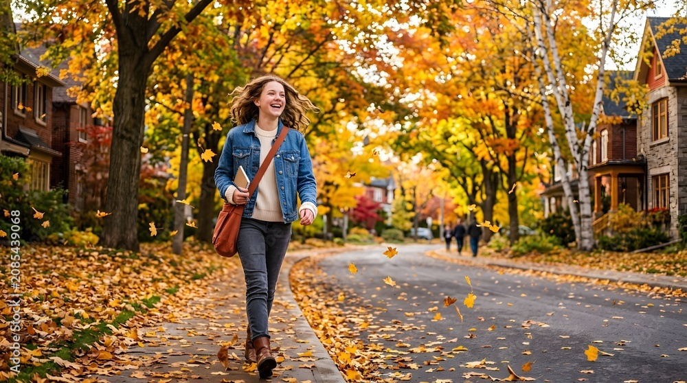 Fototapeta premium Joyful woman walking through a vibrant autumn neighborhood street