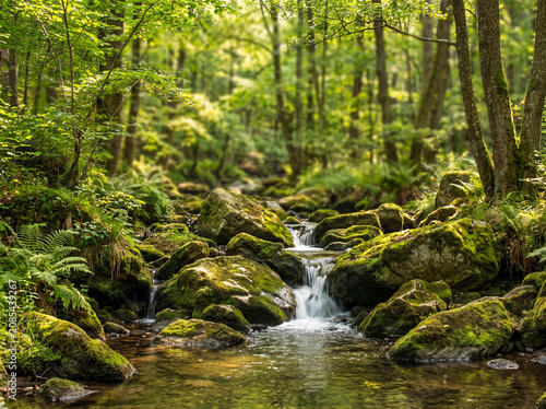 Konstfotografi Tranquil forest stream gently flowing over mossy rocks, creating small waterfalls in a serene natural environment