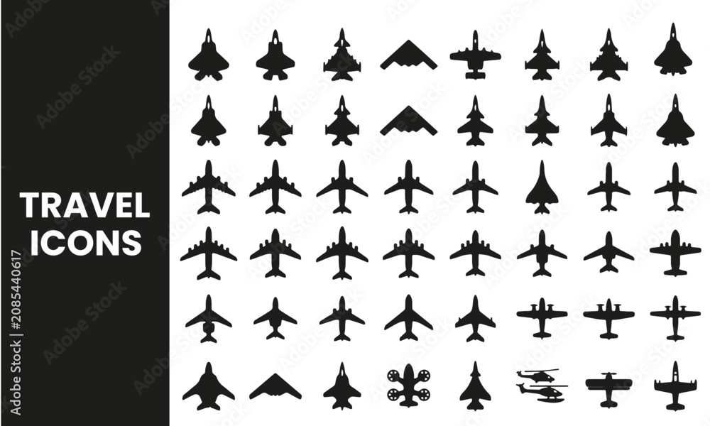 Fototapeta premium Aircraft and Aviation Icons Set - Airplane, Fighter Jet, Helicopter and Drone Vector Collection 