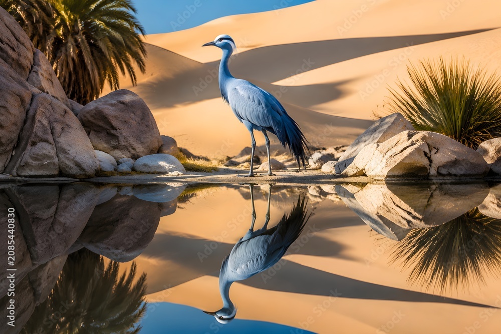 Fototapeta premium Majestic Blue Crane Bird Reflected Perfectly In Still Desert Oasis Water With Harsh Shadows Nature