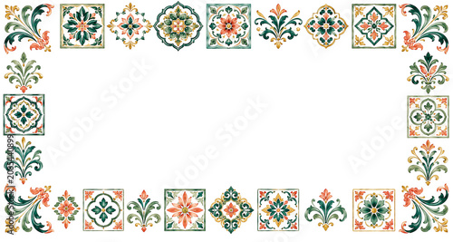 Watercolor Mediterranean Azulejo Ceramic Tile Frame Border, Elegant Green and Orange Sicilian Mosaic Decorative Frame Template Isolated on Transparent Background
