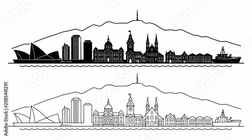 Hobart Skyline Silhouette Illustration with Mountain Backdrop