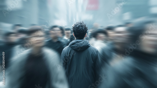 Conceptual mental health image about immigration and relocation, showing a lonely newcomer surrounded by a blurred crowd, symbolizing anxiety, isolation, adaptation and resilience