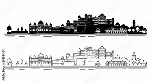 Udaipur City Palace skyline silhouette, iconic Indian landmark vector