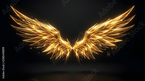 Golden angel wings with glowing light on dark background